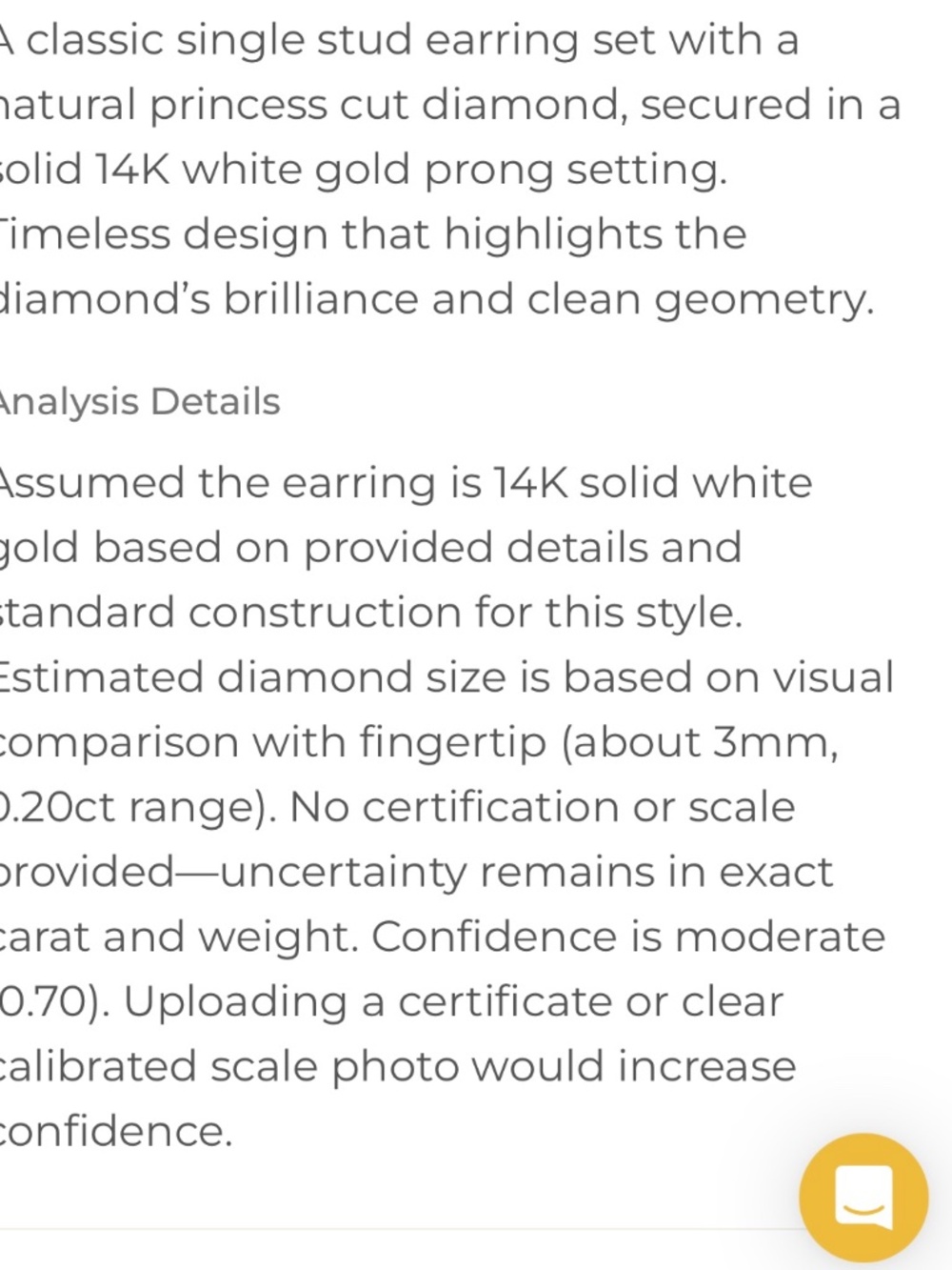 14K Solid White Gold Princess Cut Diamond Stud Earring Single Approx .20-.25ct - Picture 5 of 6